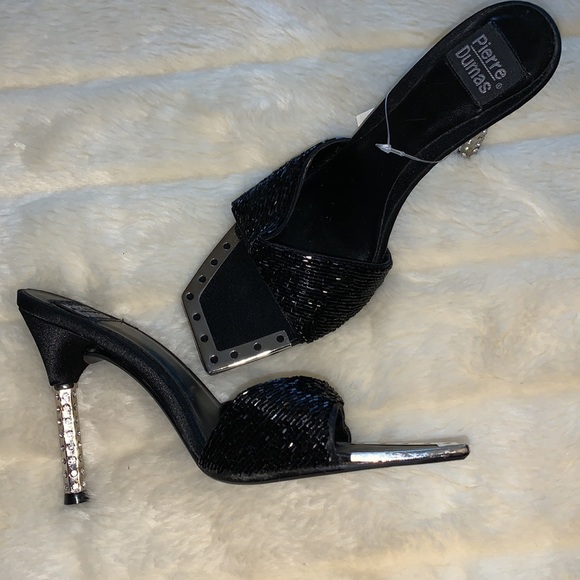 Pierre Dumas jewelled silver heel black beaded kitten slides heels 7 - Picture 10 of 11